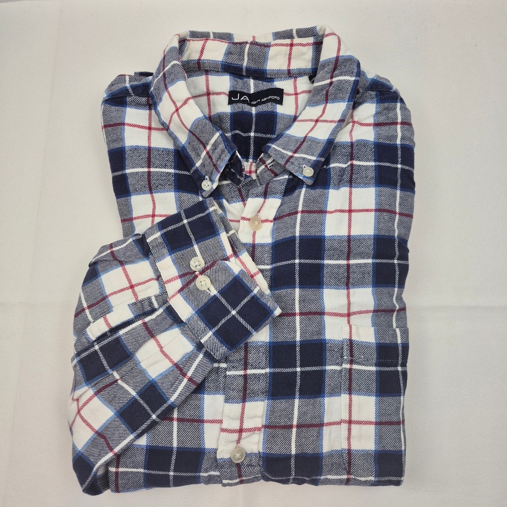 John Ashford Flannel Shirt Men's XXL Navy White Red Plaid Button Front‎ Casual